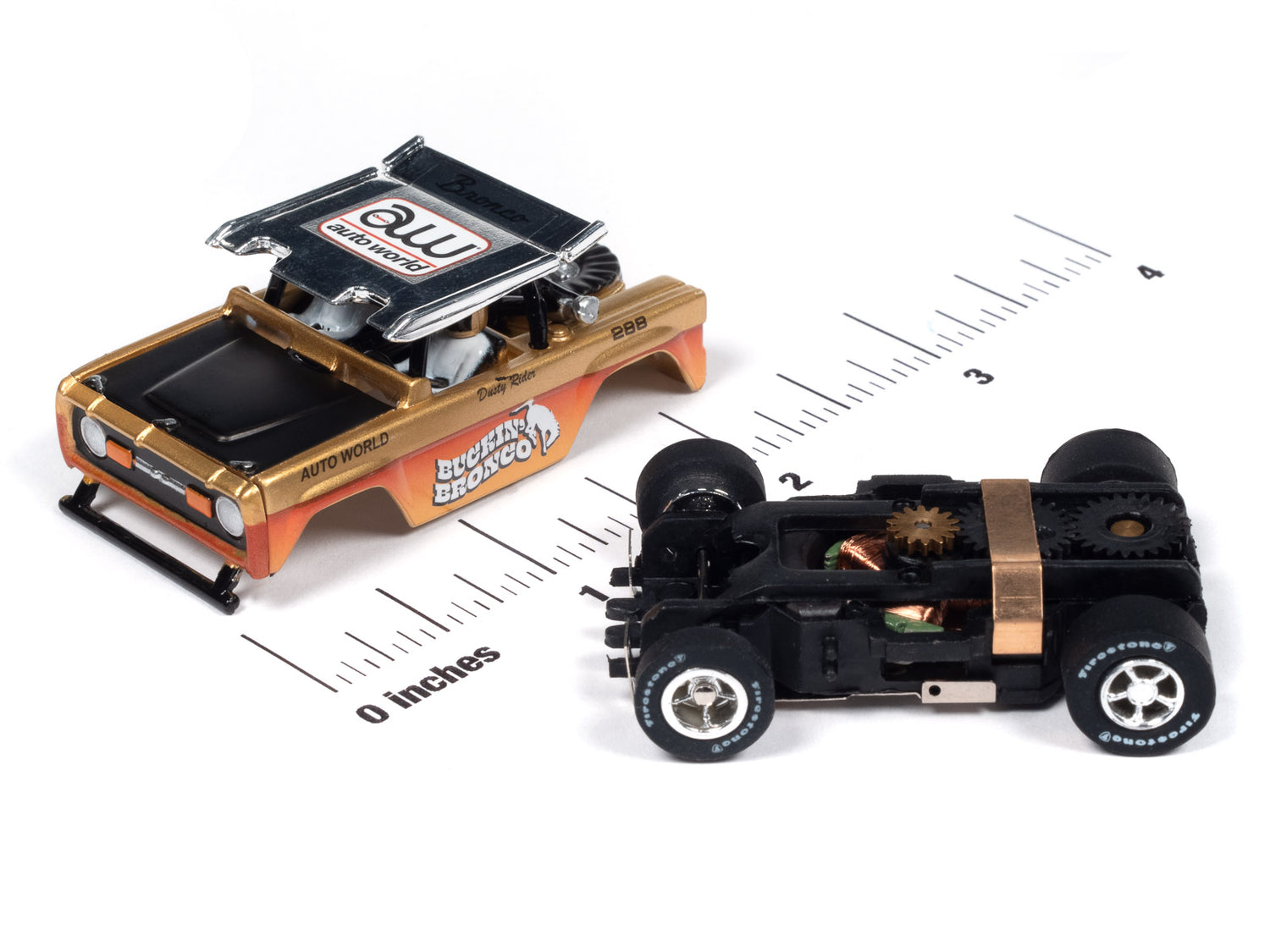 Auto World Xtraction 1972 Ford Baja Bronco - Gold w/ Orange Race Graphics HO Scale Slot Car