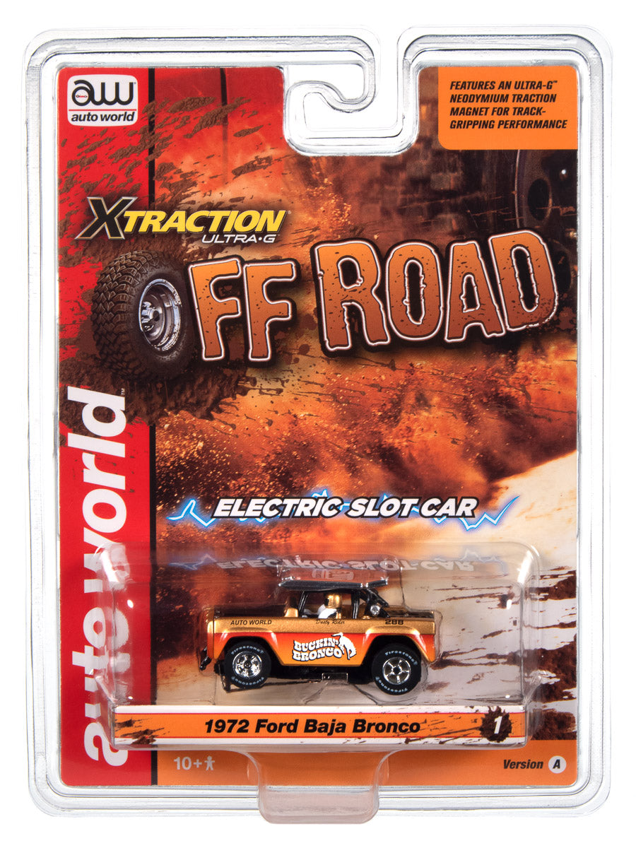 Auto World Xtraction 1972 Ford Baja Bronco - Gold w/ Orange Race Graphics HO Scale Slot Car