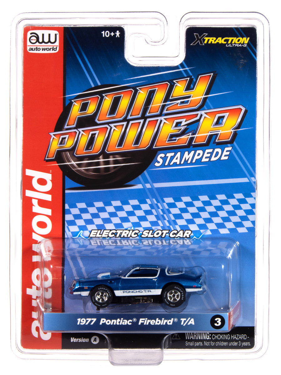 Auto World Xtraction 1977 Pontiac Firebird T/A (Blue, White & Black) HO Scale Slot Car