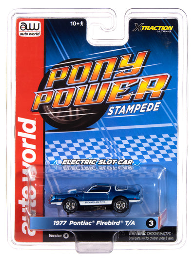 Auto World Xtraction 1977 Pontiac Firebird T/A (Blue, White & Black) HO Scale Slot Car