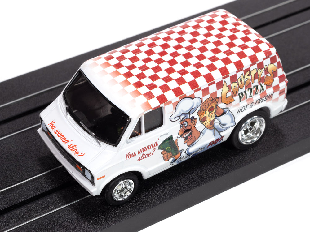 Auto World 4Gear 1973 Dodge Delivery Van (White Body w/ Red Checkers) HO Scale Slot Car