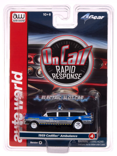 Auto World 4Gear 1959 Cadillac Ambulance (Silver & Blue) HO Scale Slot Car