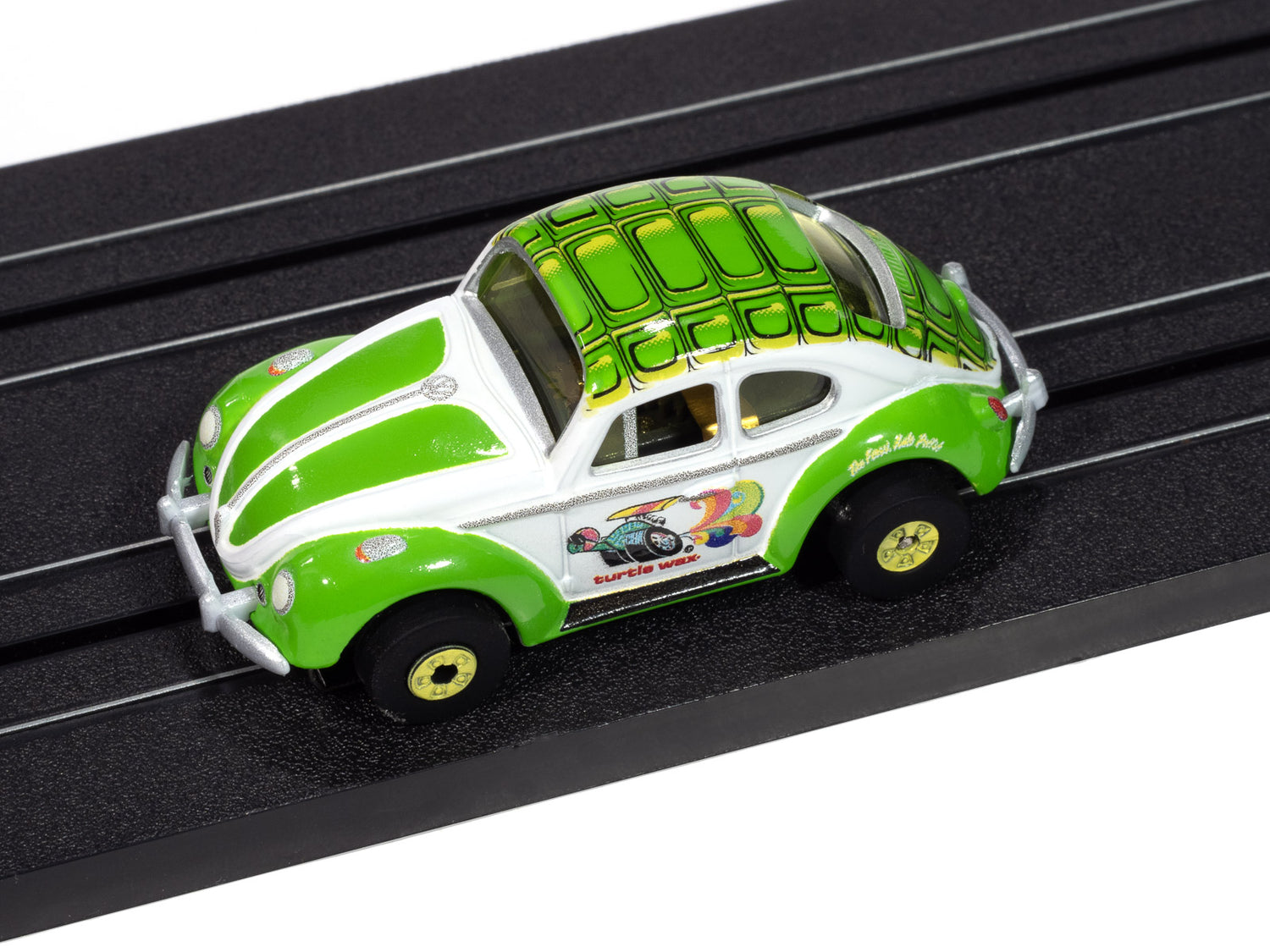 Auto World Thunderjet 1966 Volkswagen Beetle Turtle Wax (White & Green) HO Scale Slot Car