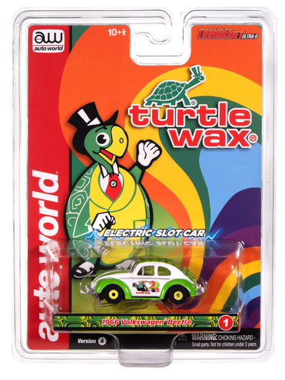 "PRE-ORDER" Auto World Thunderjet 1966 Volkswagen Beetle Turtle Wax (White & Green) HO Scale Slot Car (DUE AUGUST 2025)