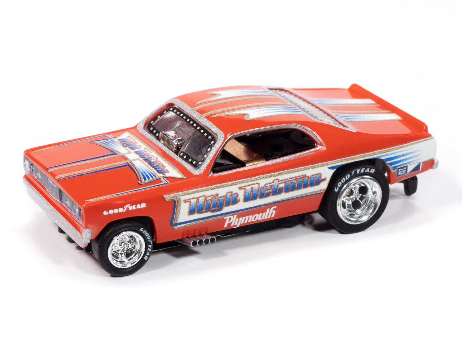 "PRE-ORDER" Auto World 4Gear 1972 Plymouth Duster High Octane FC (Orange, White & Gold) HO Scale Slot Car (DUE OCTOBER 2025)