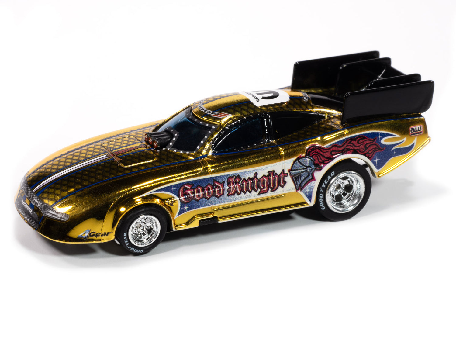 "PRE-ORDER" Auto World 4Gear 2022 Dodge Charger Good Knight FC (Gold Chrome, Black, Blue & Red) HO Scale Slot Car (DUE OCTOBER 2025)