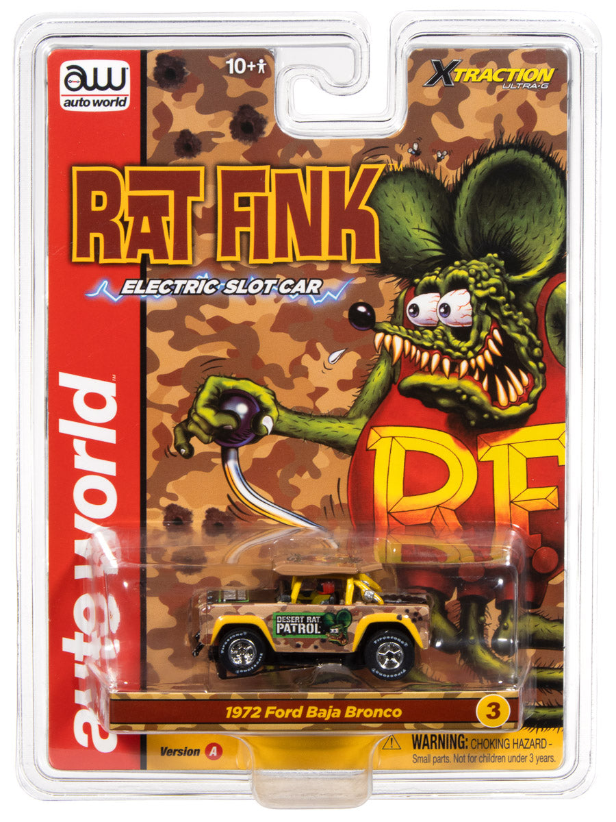 "PRE-ORDER" Auto World Xtraction 1972 Ford Baja Bronco Rat Fink (Yellow) HO Scale Slot Car (DUE MARCH 2026) - Auto World Store