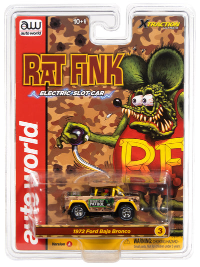 Auto World Xtraction 1972 Ford Baja Bronco Rat Fink (Yellow) HO Scale Slot Car