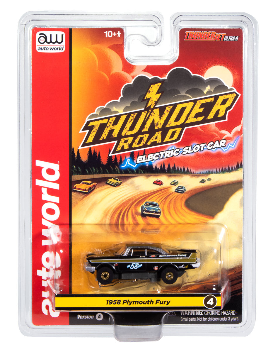 Auto World Thunderjet 1958 Plymouth Fury (Flat Black & Gold) HO Scale Slot Car