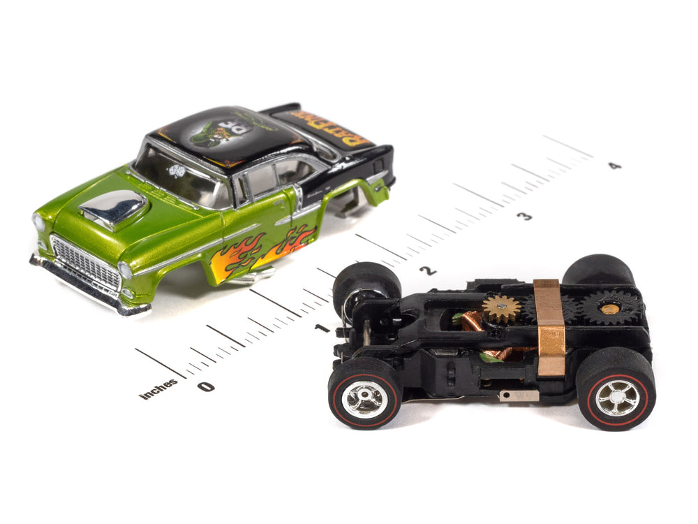 "PRE-ORDER" Auto World Xtraction 1955 Chevy Bel Air Rat Fink Version B (Lime Green) HO Scale Slot Car (DUE OCTOBER 2026)