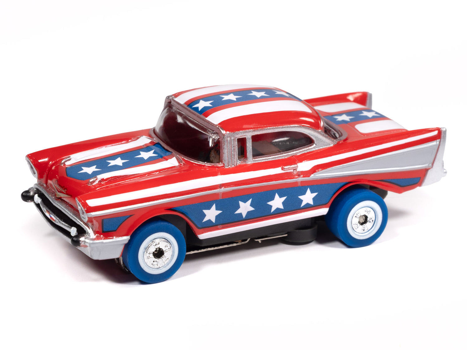 Auto World Thunderjet 1957 Chevy Bel Air Verison B (Red, Blue & White) HO Scale Slot Car