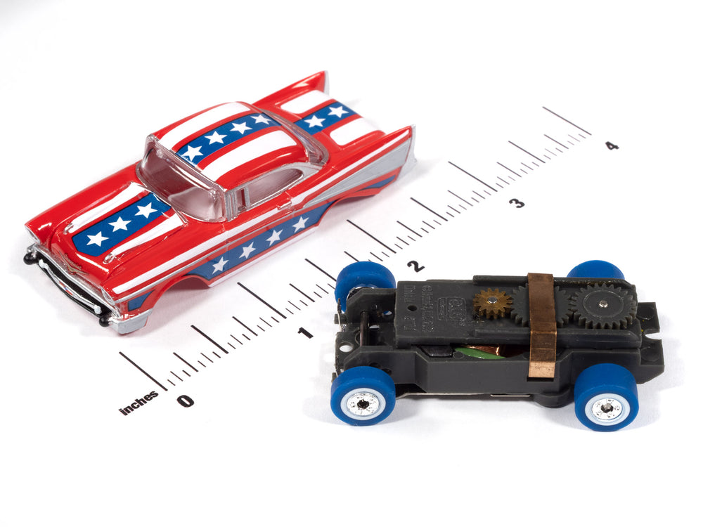 Auto World Thunderjet 1957 Chevy Bel Air Verison B (Red, Blue & White) HO Scale Slot Car