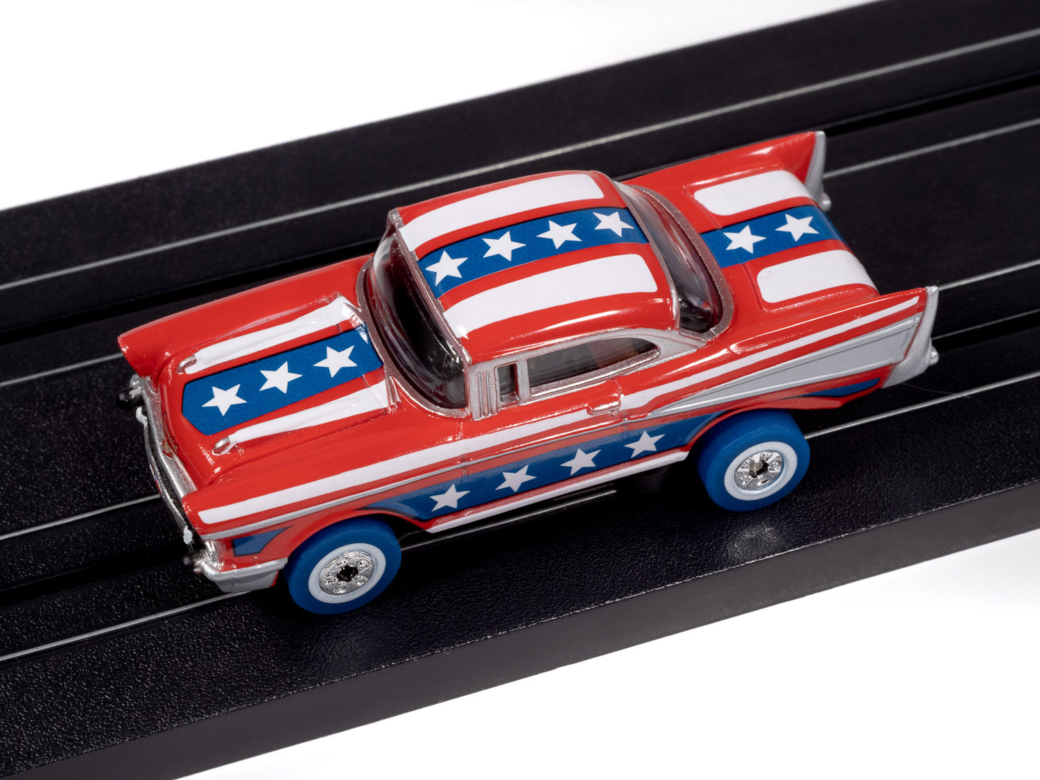 Auto World Thunderjet 1957 Chevy Bel Air Verison B (Red, Blue & White) HO Scale Slot Car