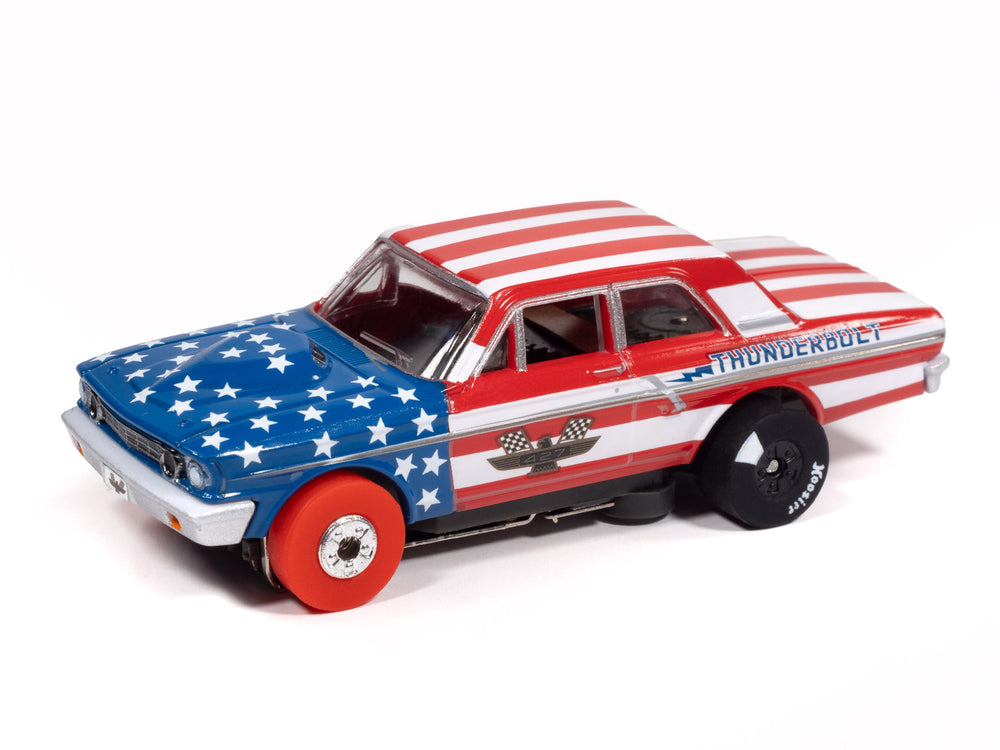 Auto World Thunderjet 1964 Ford Thunderbolt Version A (White, Red & Blue) HO Scale Slot Car