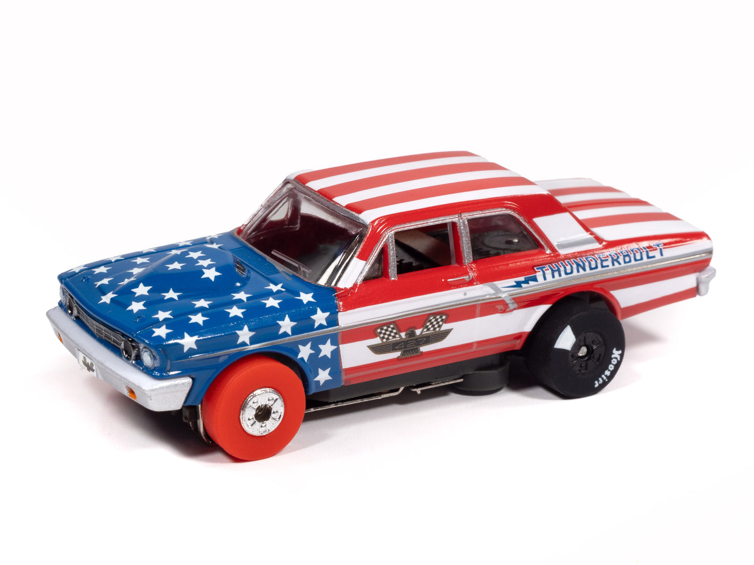 Auto World Thunderjet 1964 Ford Thunderbolt Version A (White, Red & Blue) HO Scale Slot Car