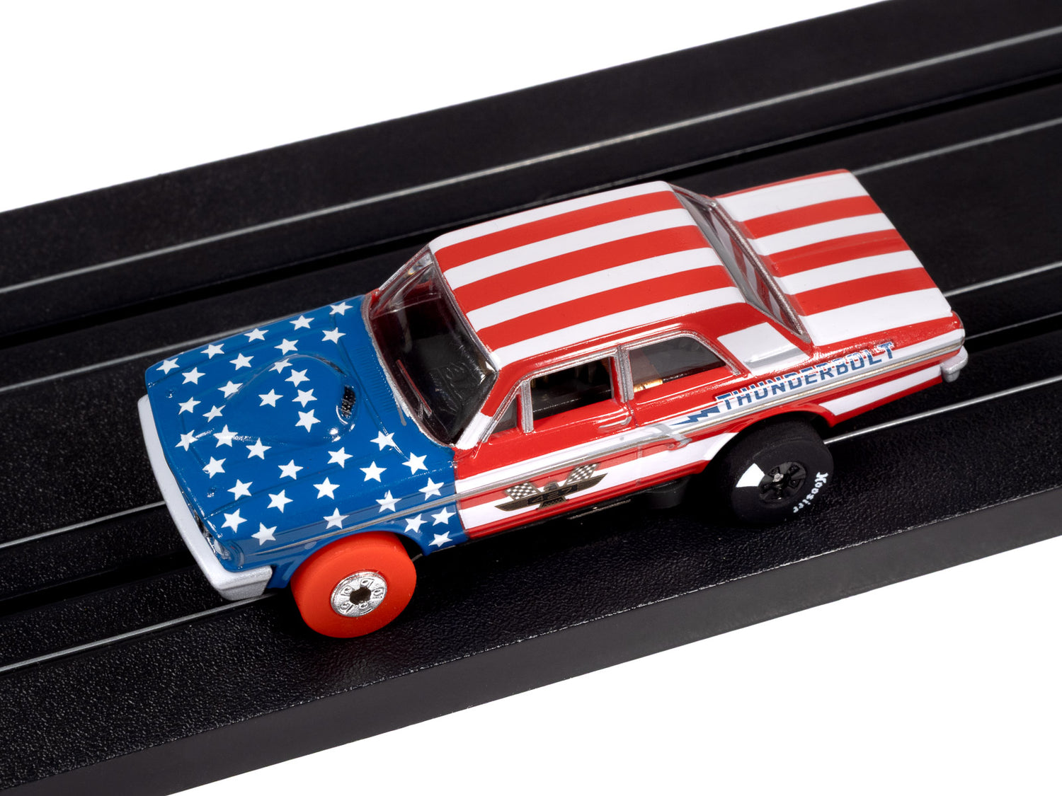 Auto World Thunderjet 1964 Ford Thunderbolt Version A (White, Red & Blue) HO Scale Slot Car