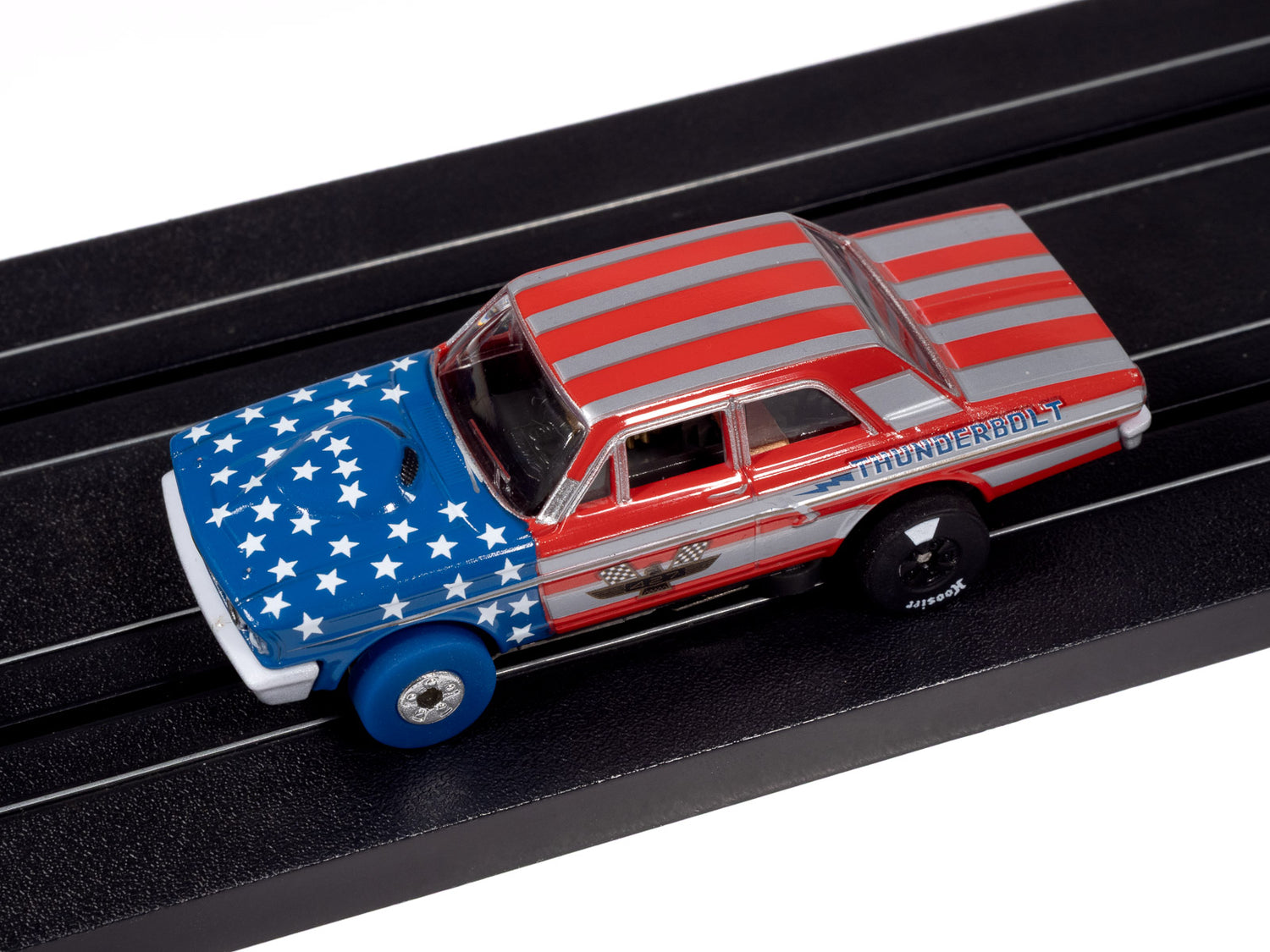 Auto World Thunderjet 1964 Ford Thunderbolt Version B (Silver, White, Red & Blue) HO Scale Slot Car