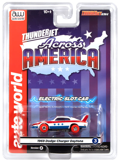 "PRE-ORDER" Auto World Thunderjet 1969 Dodge Charger Daytona Version A (White, Red & Blue) HO Scale Slot Car (DUE JULY 2026)