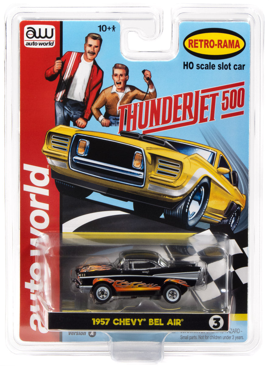 "PRE-ORDER" Auto World Thunderjet 1957 Chevrolet Bel Air Lowrider Version A (Black w/Flames) HO Scale Slot Car (DUE OCTOBER 2026)