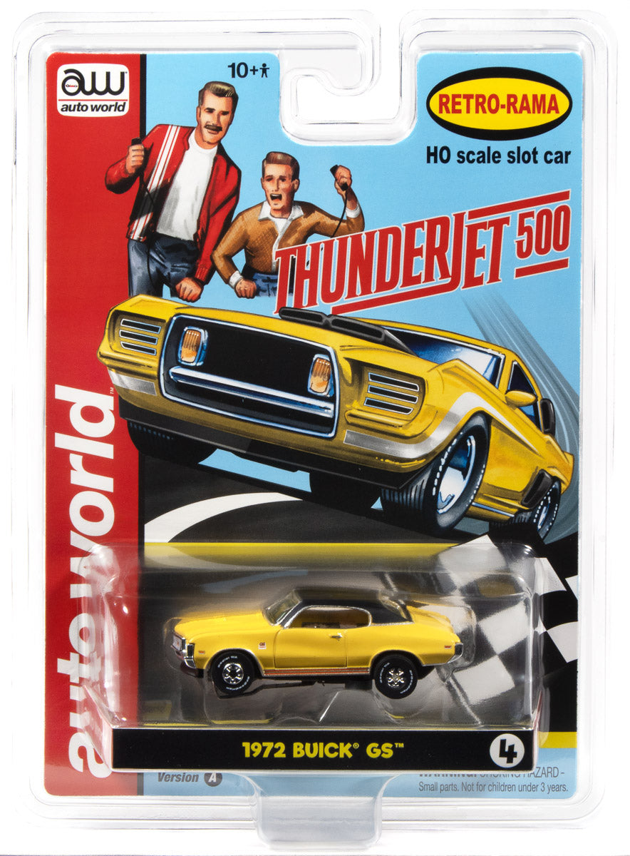 "PRE-ORDER" Auto World Thunderjet 1972 Buick GS Version A (Yellow) HO Scale Slot Car (DUE OCTOBER 2026)