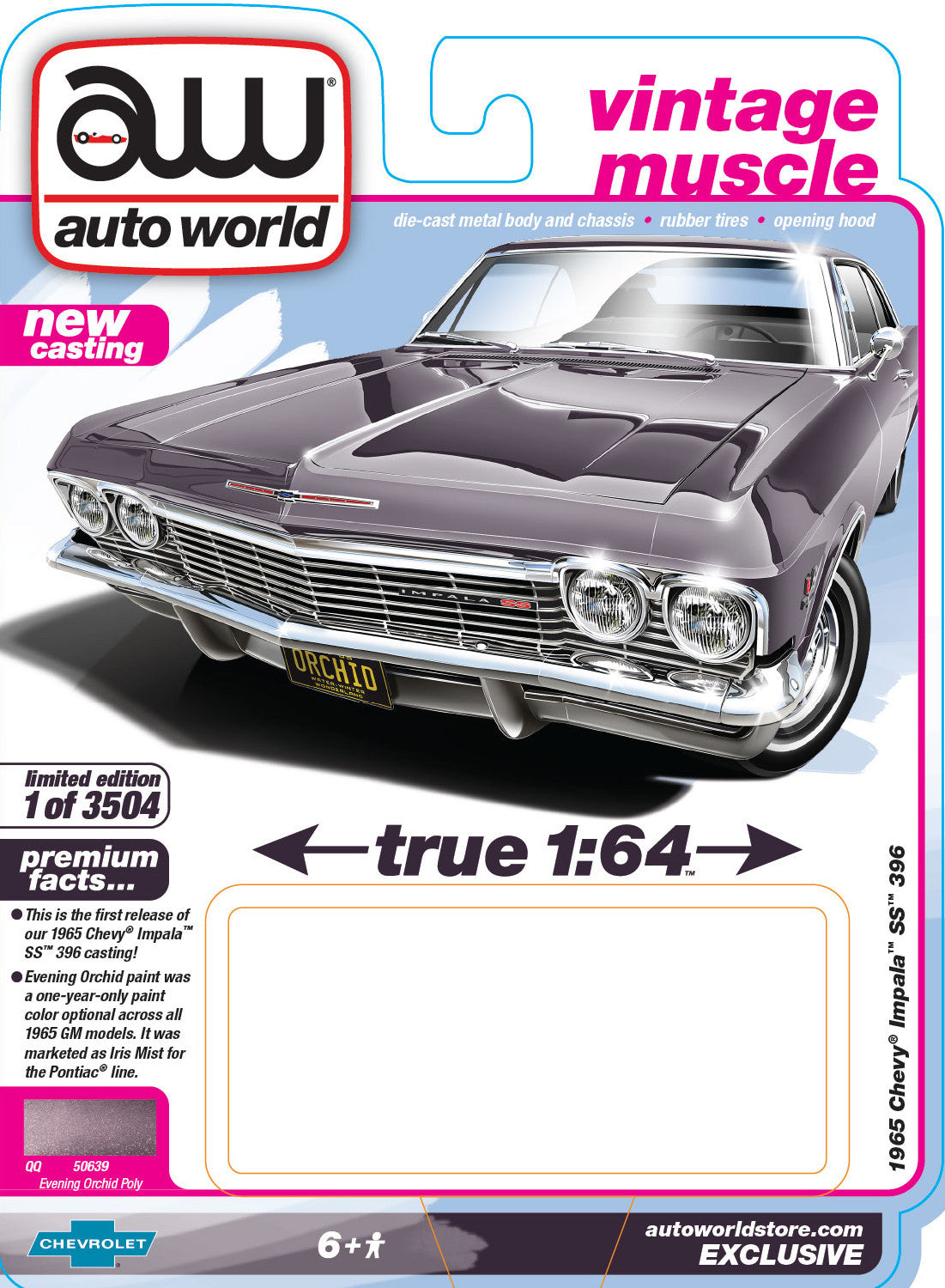 "PRE-ORDER" Auto World 1965 Chevy Impala SS 396 (Evening Orchid Poly) (AW Exclusive) 1:64 Diecast (DUE SEPTEMBER 2025)