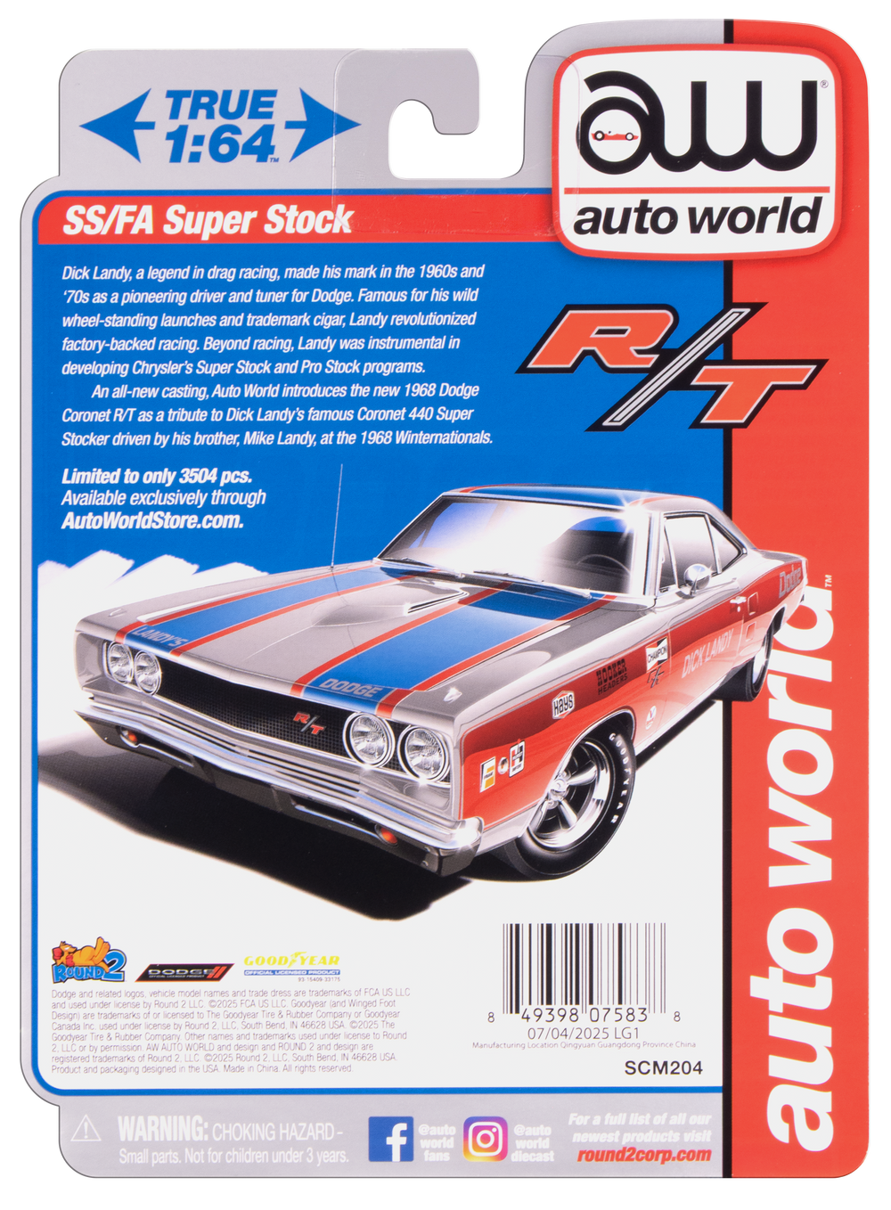 "PRE-ORDER" Auto World 1968 Dodge Coronet R/T (Dick Landy) (AW Exclusive) 1:64 Diecast (DUE EARLY OCTOBER 2025)