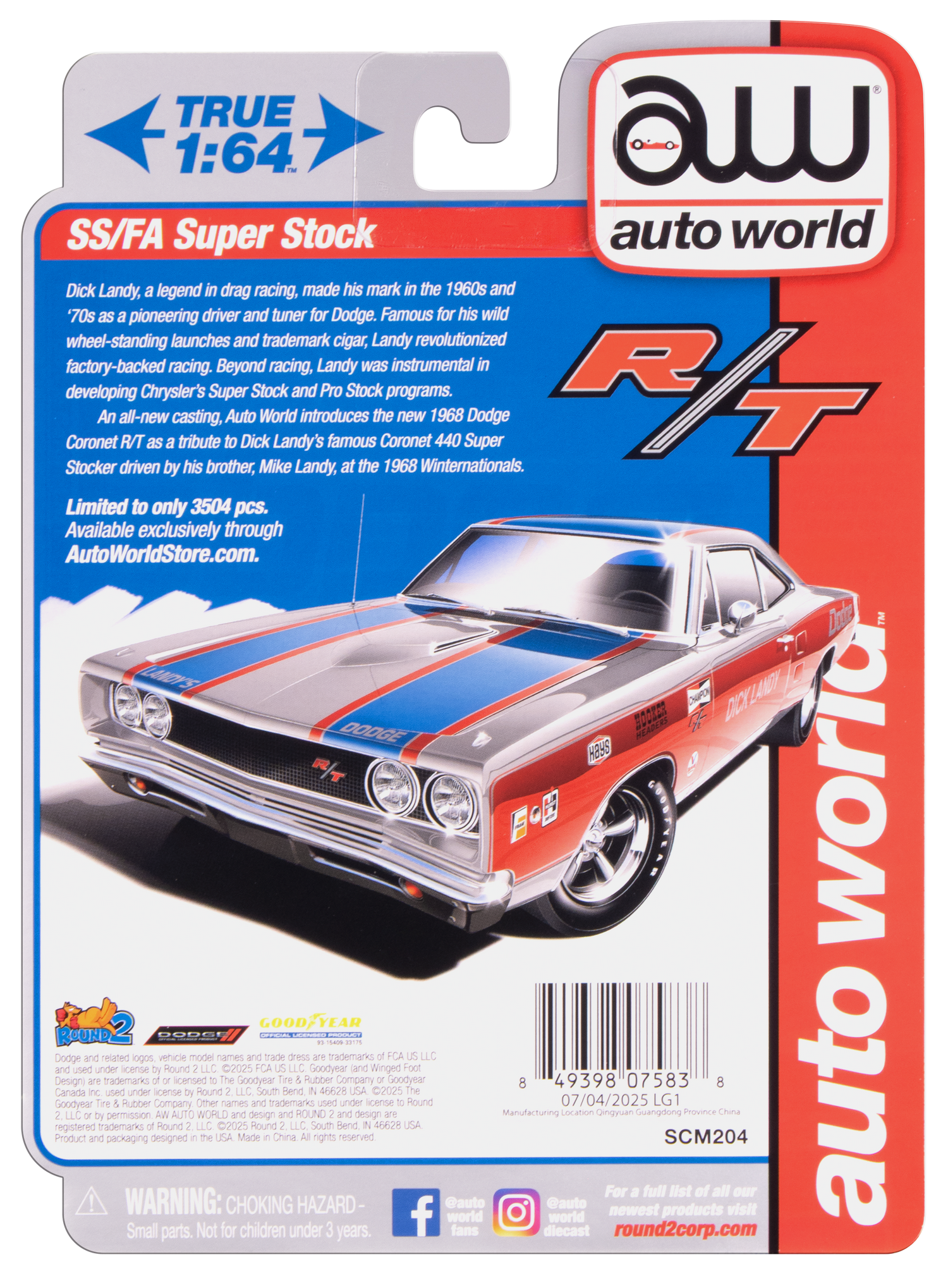 "PRE-ORDER" Auto World 1968 Dodge Coronet R/T (Dick Landy) (AW Exclusive) 1:64 Diecast (DUE EARLY OCTOBER 2025)