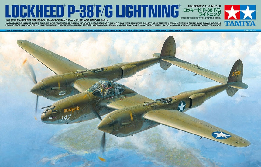 Tamiya P-38F/G Lightning WWII Fighter 1/48 Scale Model Kit