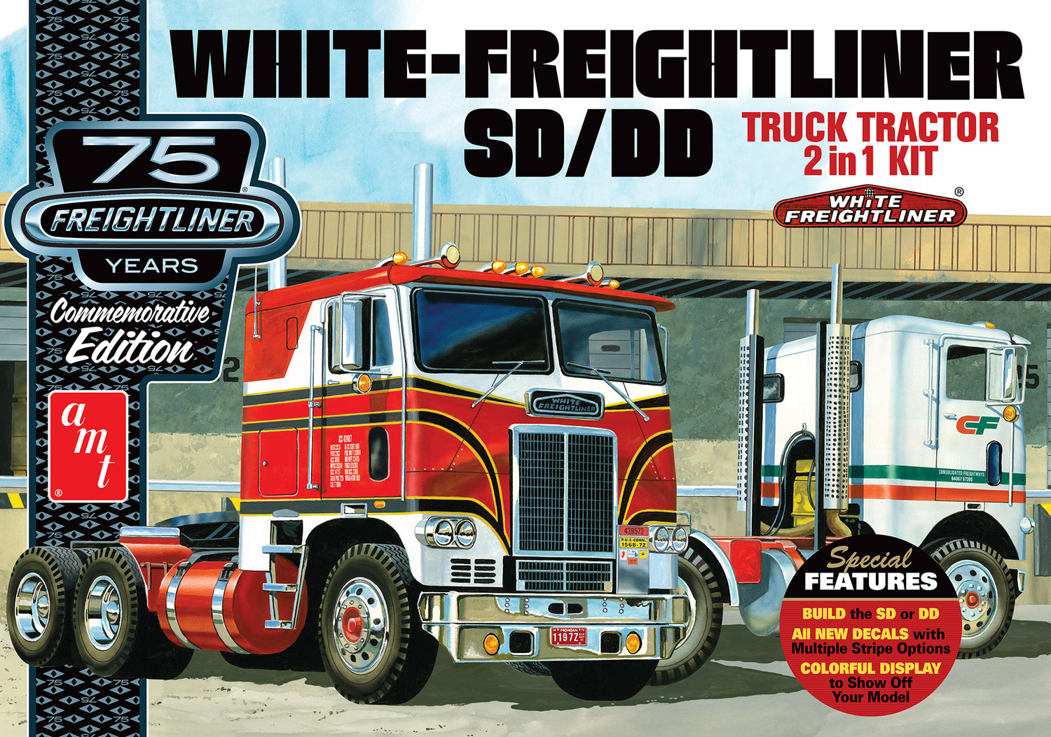 AMT White Freightliner 2-in-1 SD-DD Cabover Tractor (75th Anniversary) 1:25 Scale Model Kit