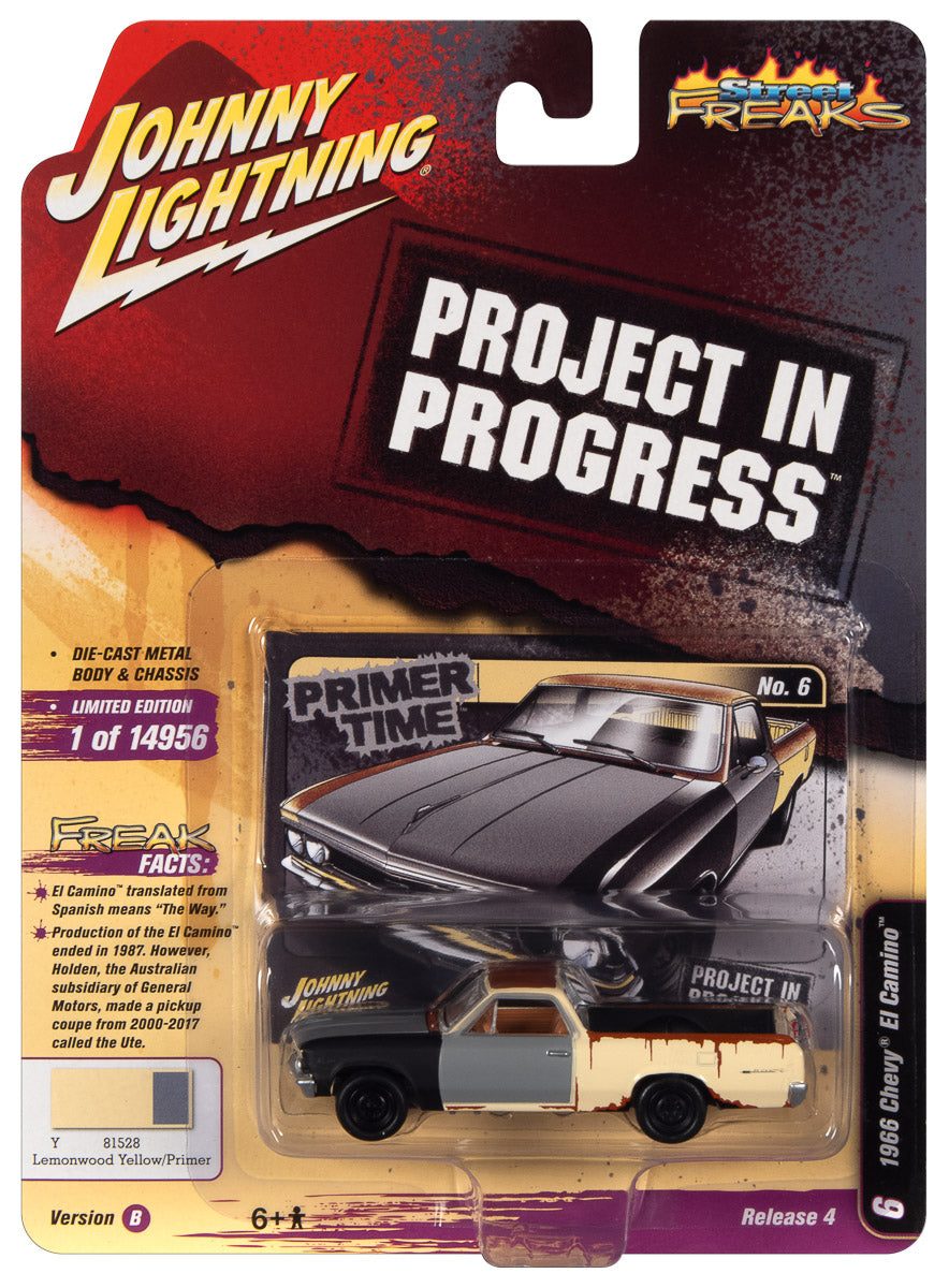 Johnny Lightning Street Freaks 1966 Chevrolet El Camino (Project in Progress) (Lemonwood Yellow Gloss w/Primer & Rust) 1:64 Scale Diecast