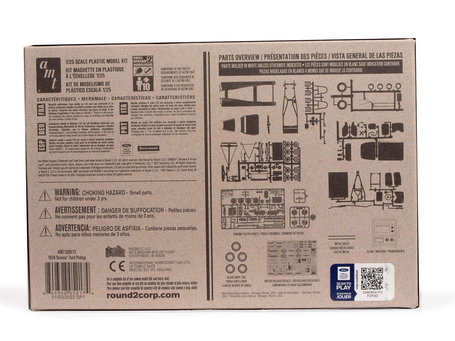 Parts overview of the AMT 1934 Ford Pickup Sunoco 1:25 Scale Model Kit