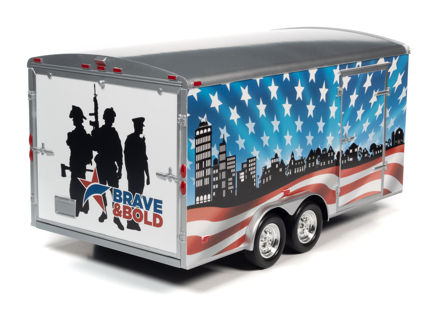 Rear passengers side view of the American Muscle Enclosed Trailer (Patriotic Brave & Bold) 1:18 Scale Diecast