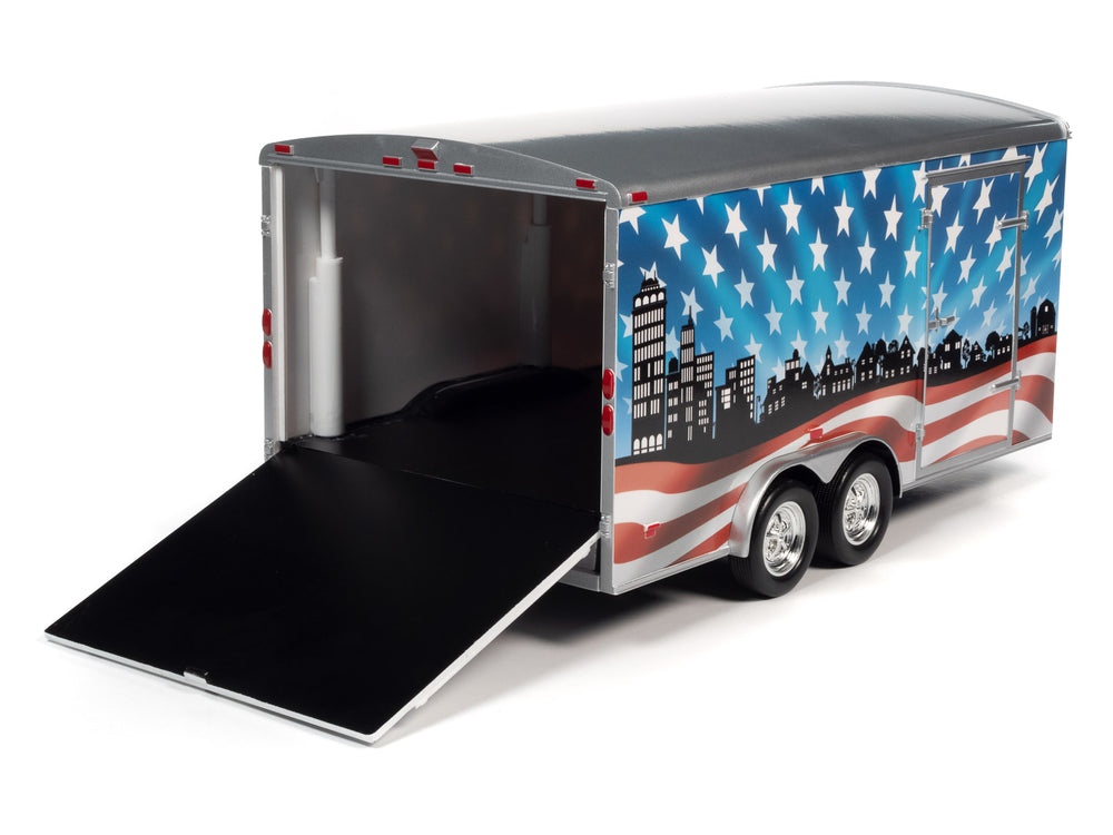 Showcasing the opening features of the American Muscle Enclosed Trailer (Patriotic Brave & Bold) 1:18 Scale Diecast