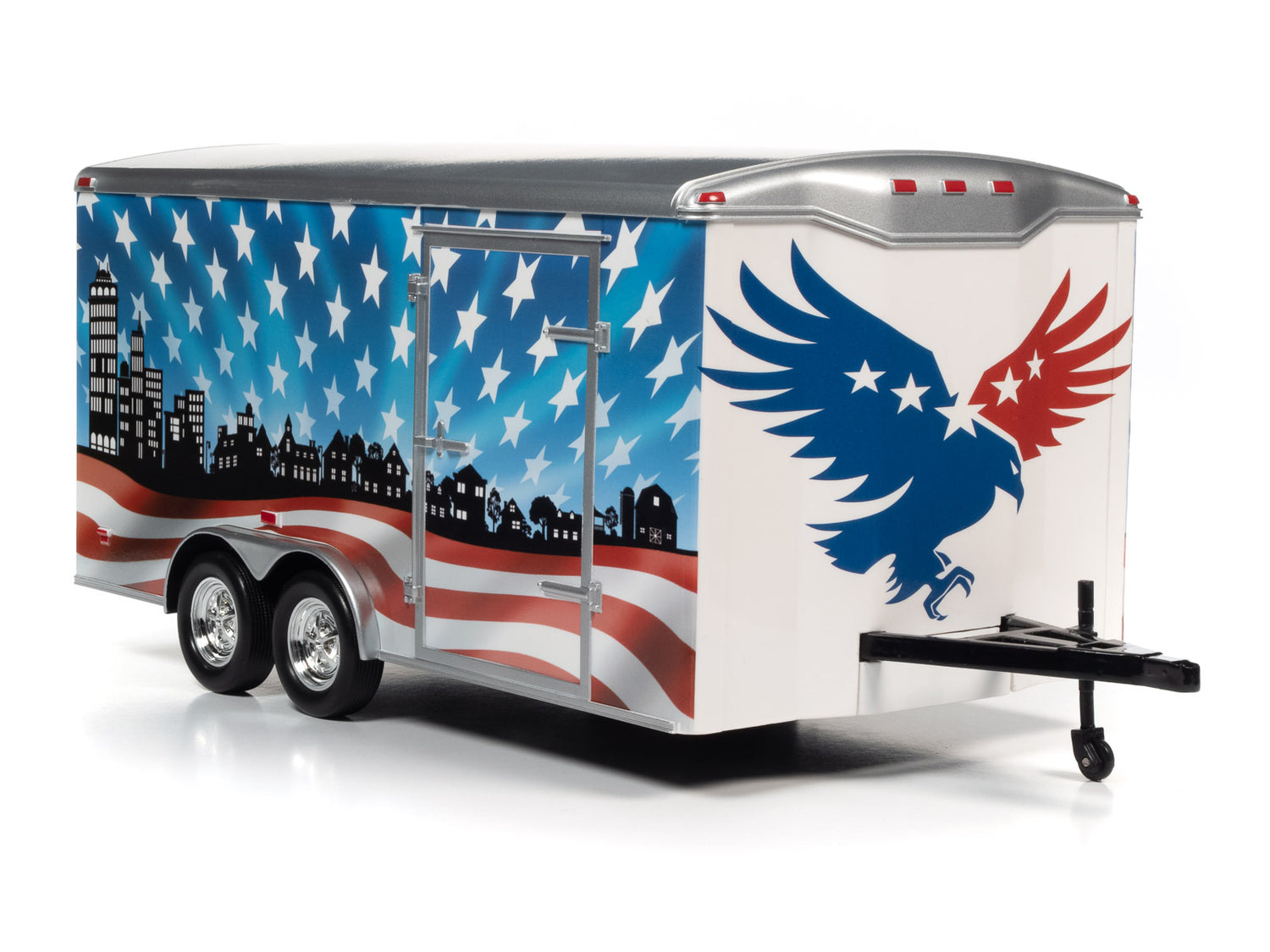 Front view of the American Muscle Enclosed Trailer (Patriotic Brave & Bold) 1:18 Scale Diecast