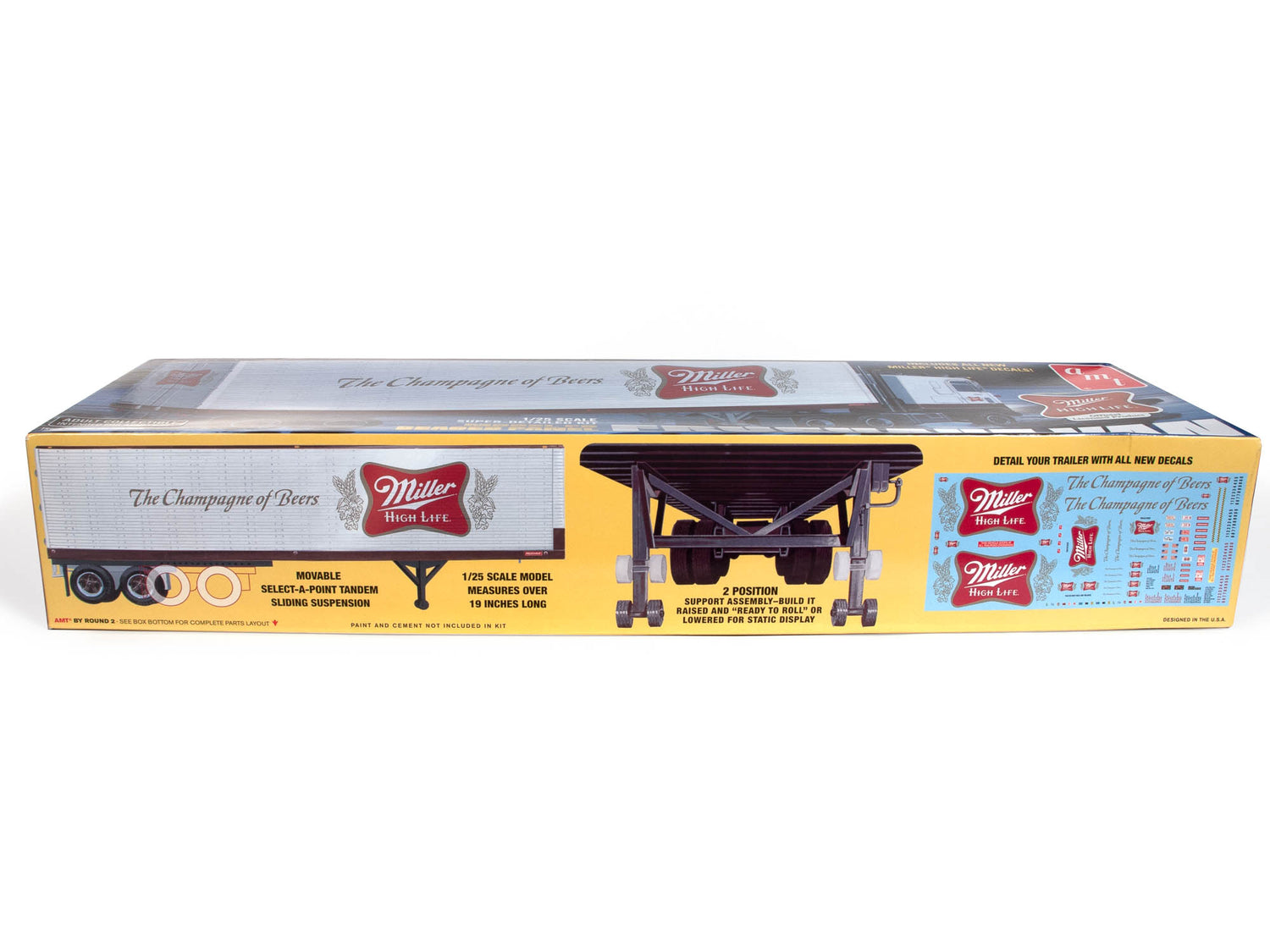 Movable Select-A-Point Tandem Sliding Suspension, 1/25 Scale Model Measure over 19 inches long, 2 position support assembly-build it raised and "ready to roll" or lowered for static display, Detail your trailer with all new decals
