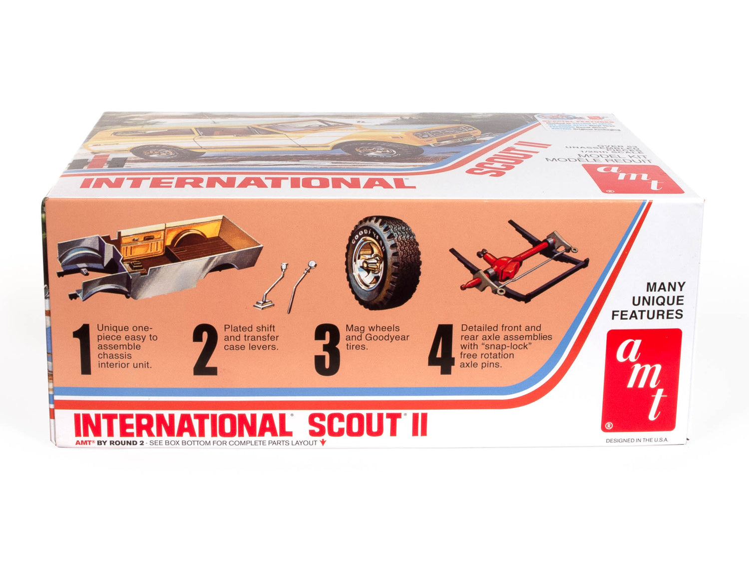 Includes: Unique one-piece easy to assemble Chassis interior unit, Plated shift and transfer case levers, Mag wheels and Goodyear tires, and Detailed front and real axle assemblies with "snap-lock" free rotation axle pins.