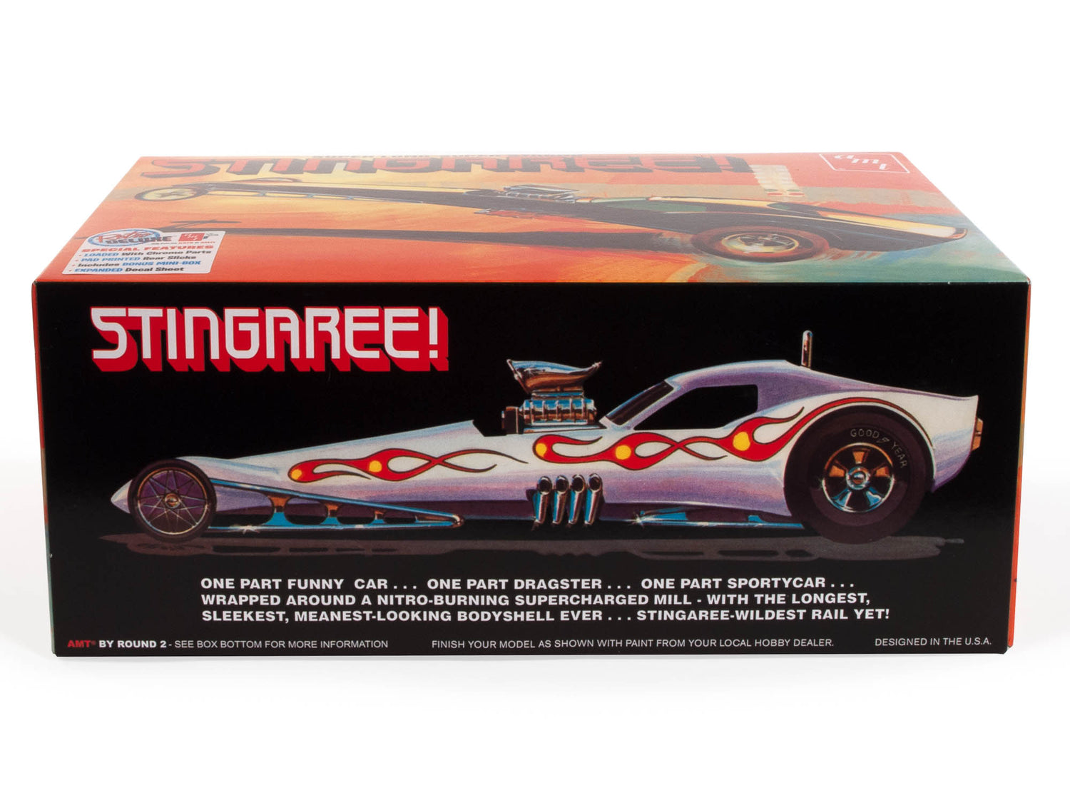 One part funny car, one part dragster, one part sportycar, wrapped around a nitro-burning supercharged mill-with the longest sleekest, meanest-looking bodyshell ever, stingaree-wildest rail yet!