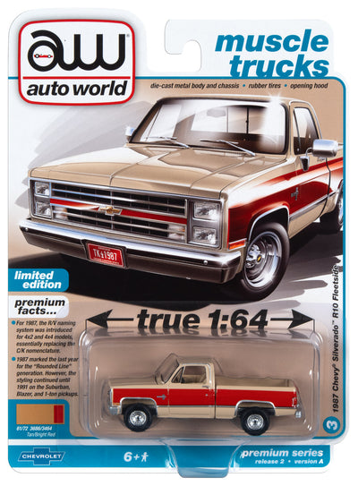 Auto World 1987 Chevrolet Silverado 10 Fleetside (Tan Body Color w/Bright Red Center Sides) 1:64 Diecast