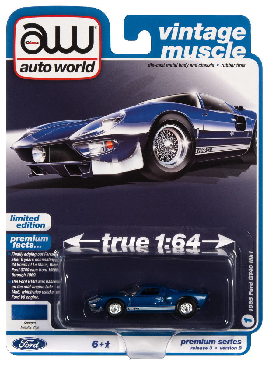 Auto World 1965 Ford GT40 MK1 (Blue w/White Ford G.T. Rocker Stripe) 1:64 Diecast