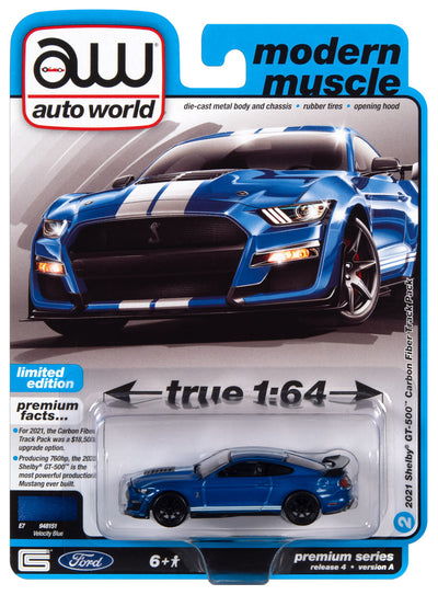 Auto World 2021 Shelby GT500 Carbon Edition (Velocity Blue with Twin White Stripes on Hood) 1:64 Diecast