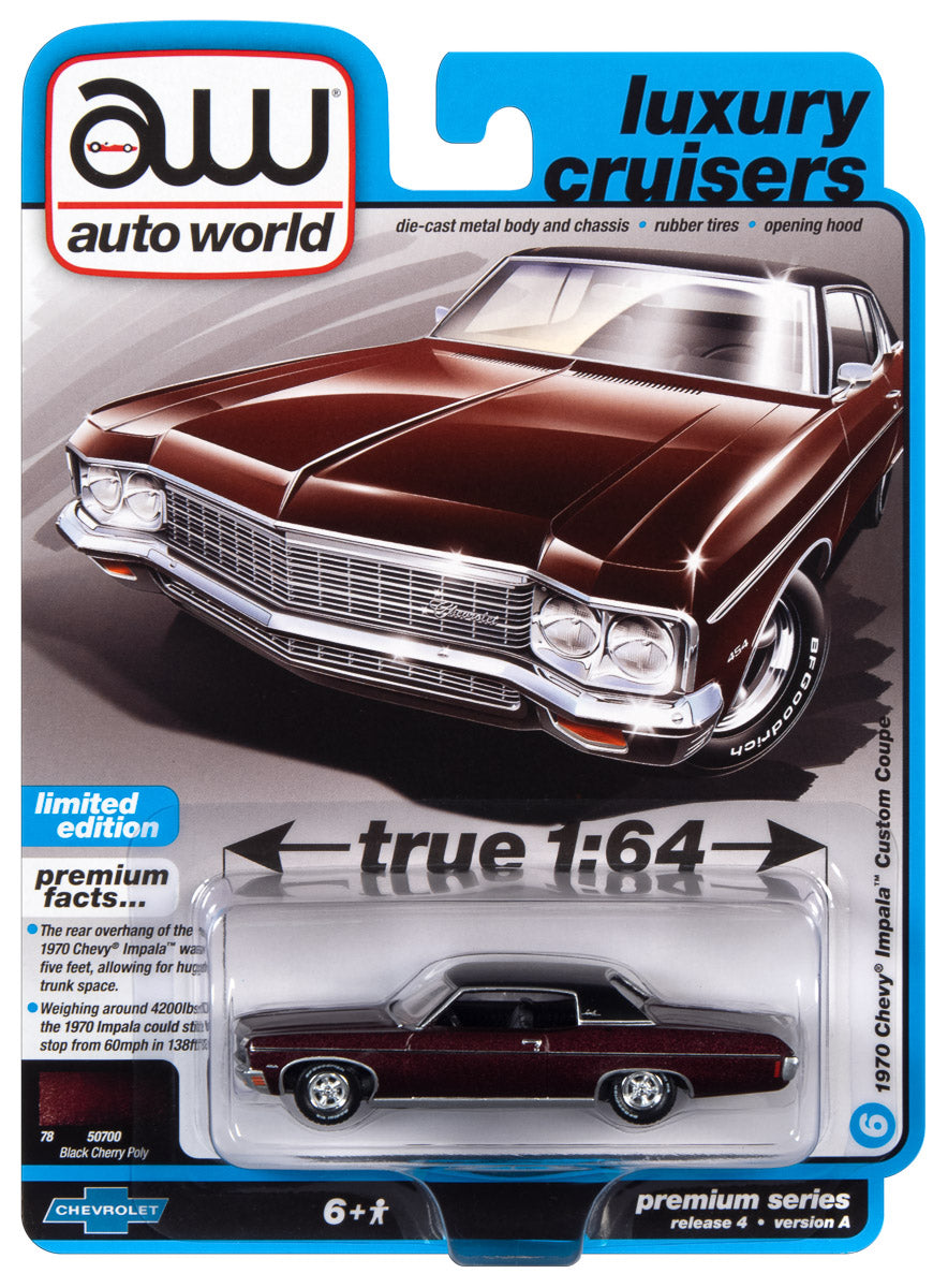 Auto World 1970 Chevrolet Impala Lowrider (Black Cherry with Flat Black Vinyl Roof) 1:64 Diecast