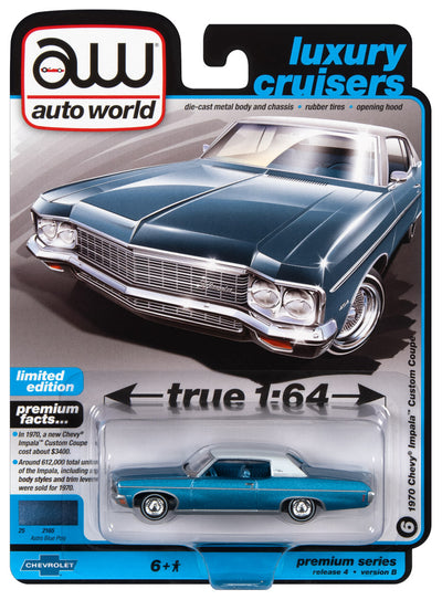 Auto World 1970 Chevrolet Impala Lowrider (Astro Blue with Flat White Vinyl Roof) 1:64 Diecast