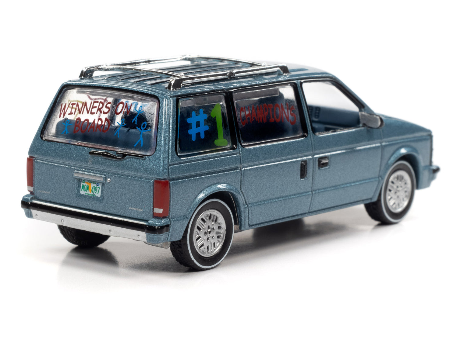 Auto World Worlds Best Mom 1984 Dodge Caravan w/Base & Trading Card (Silver/Blue) 1:64 Scale Diecast