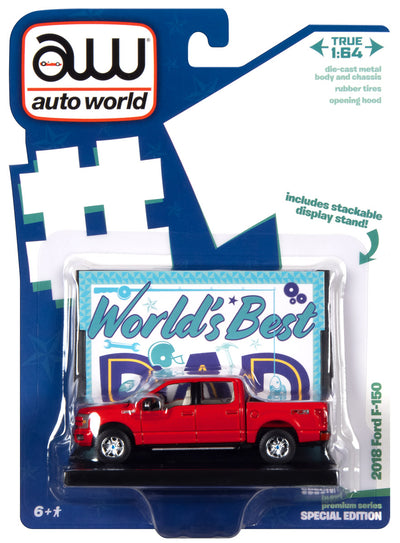 Auto World Worlds Best Dad 2018 Ford F150 Lariat Pickup Truck w/Base & Trading Card (Red) 1:64 Scale Diecast