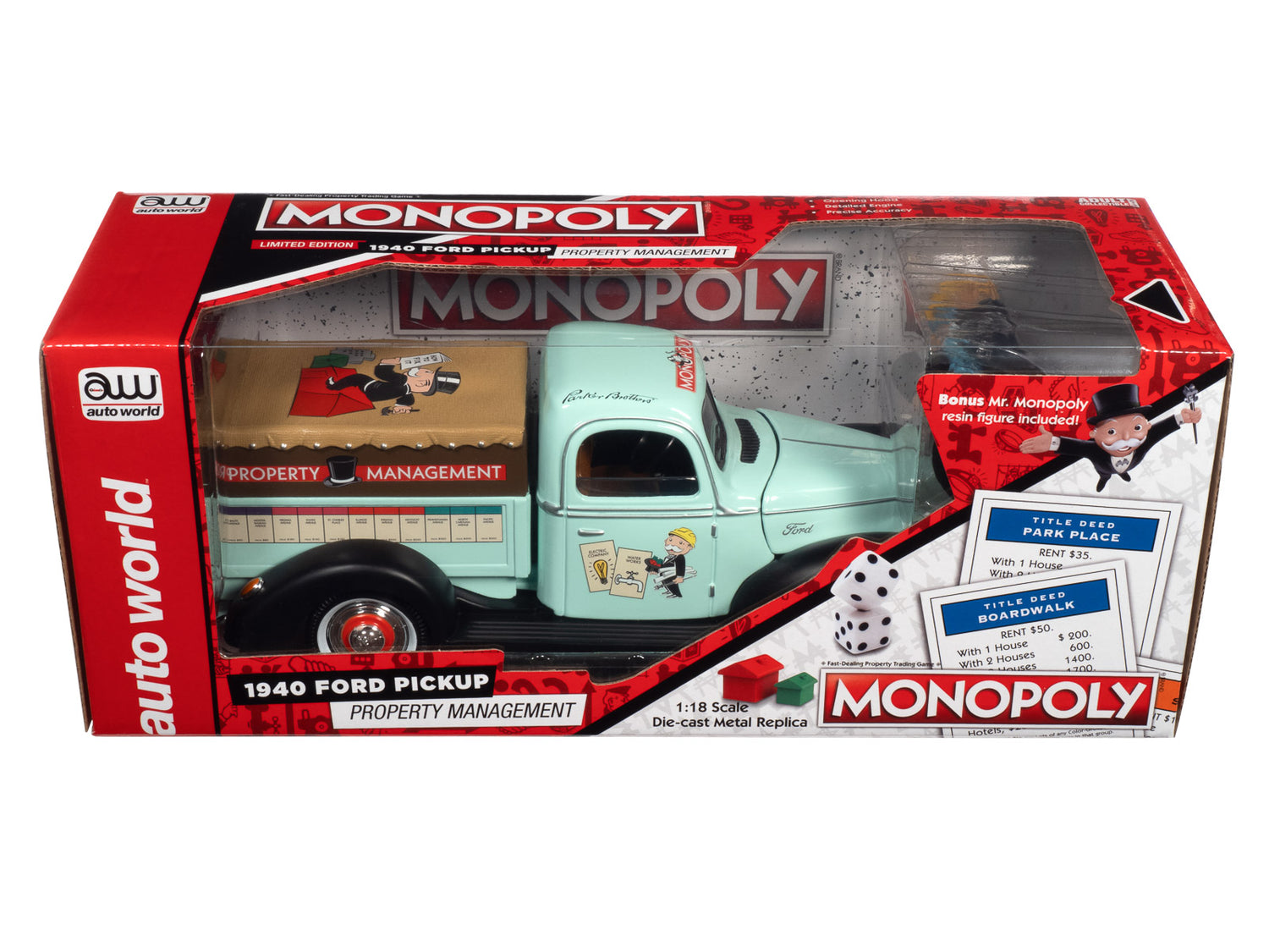 Auto World Monopoly 1940 Ford Property Management Truck w/Resin Figure 1:18 Scale Diecast