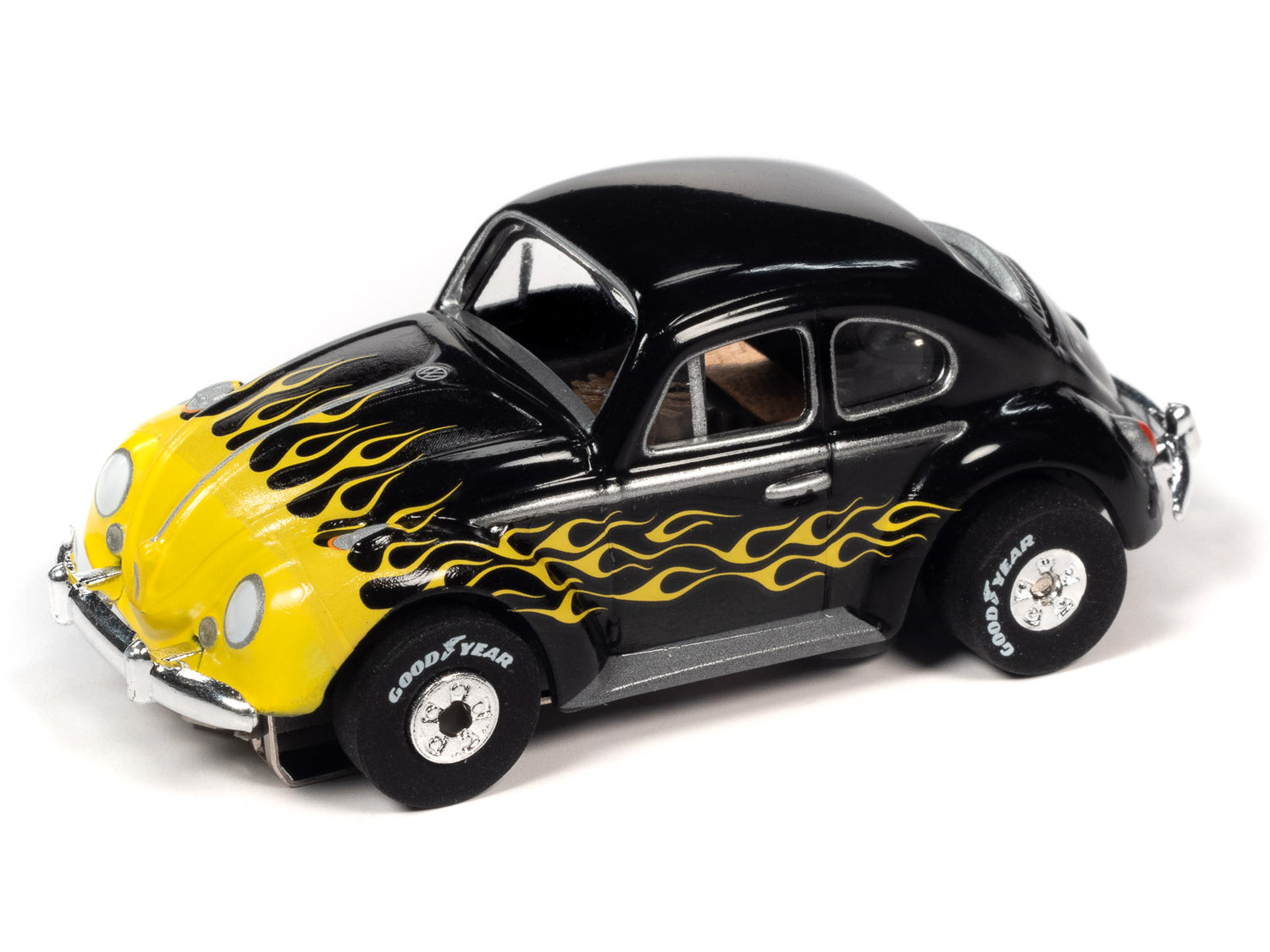 Auto World Thunderjet 1965 VW Beetle (Black w/ Yellow Flames) HO Slot Car