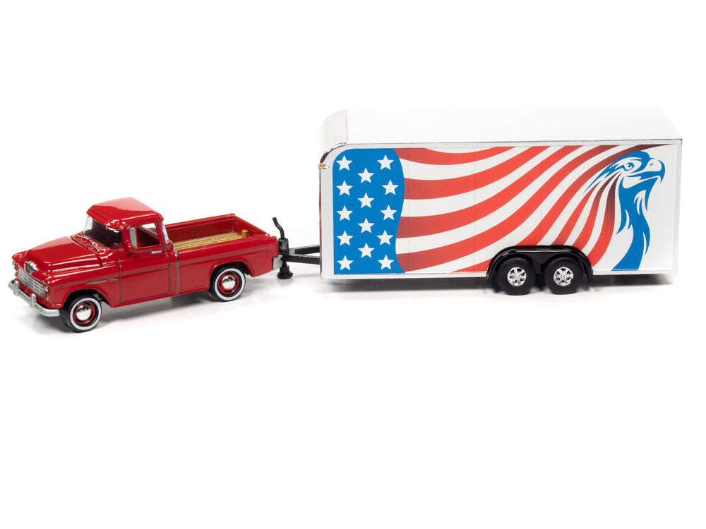 Johnny Lightning 1955 Chevy Cameo (Red) w/Enclosed Car Trailer 1:64 Diecast