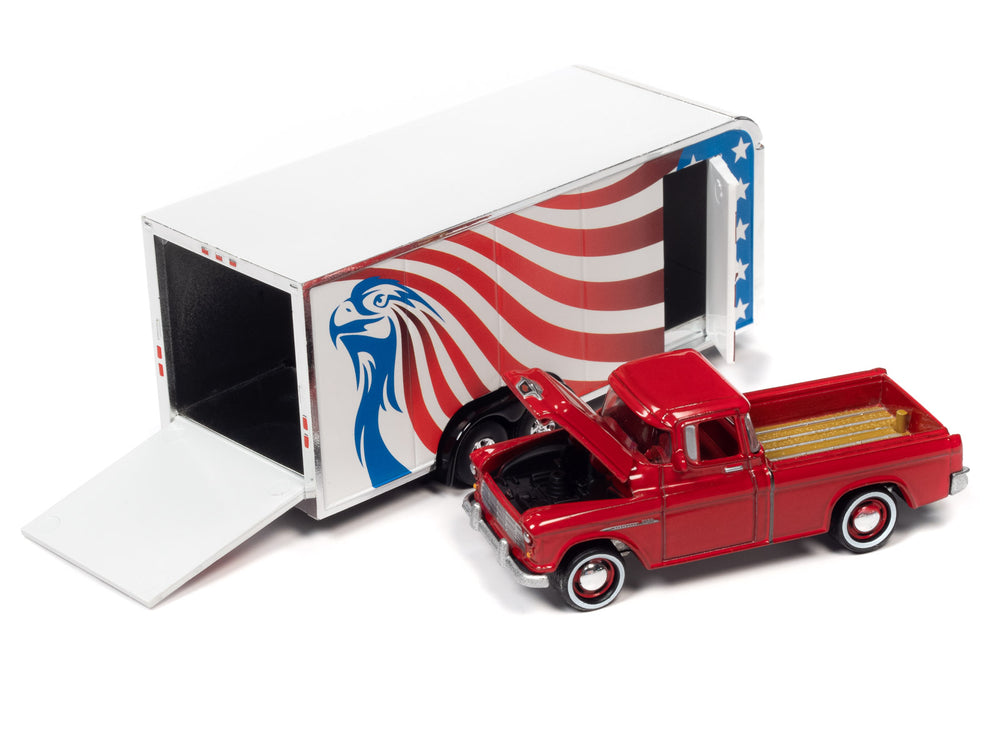 Johnny Lightning 1955 Chevy Cameo (Red) w/Enclosed Car Trailer 1:64 Diecast