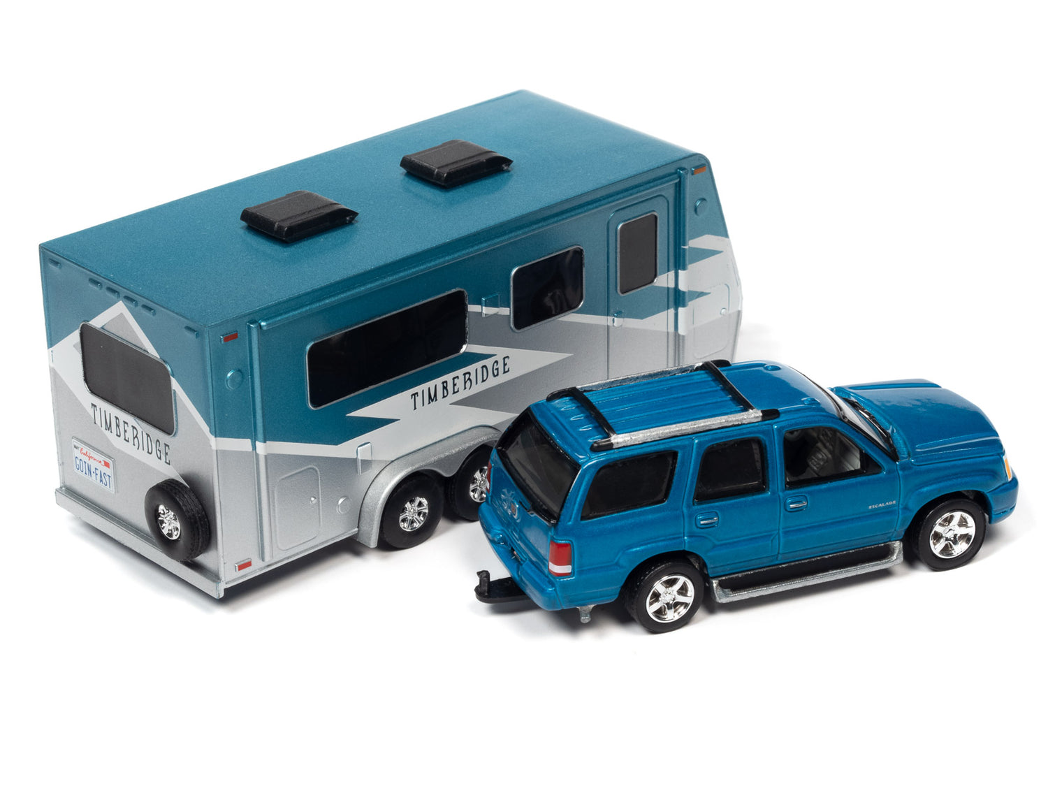 Johnny Lightning 2005 Cadillac Escalade (Teal) w/Camper Trailer 1:64 Diecast