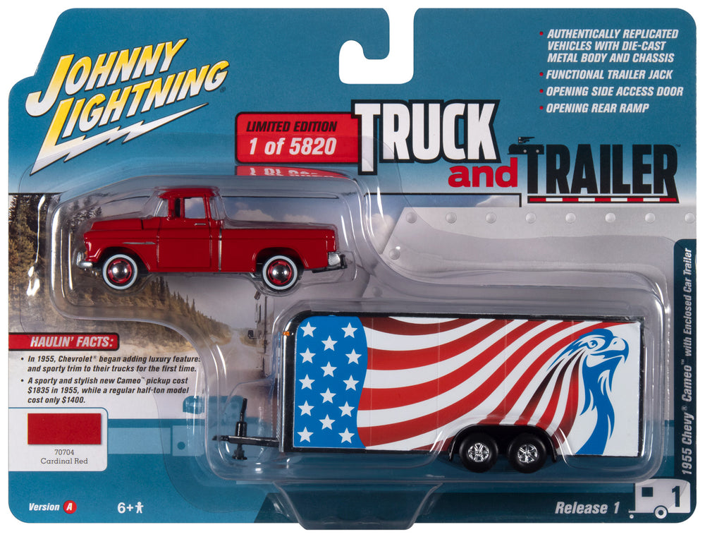 Johnny Lightning 1955 Chevy Cameo (Red) w/Enclosed Car Trailer 1:64 Diecast